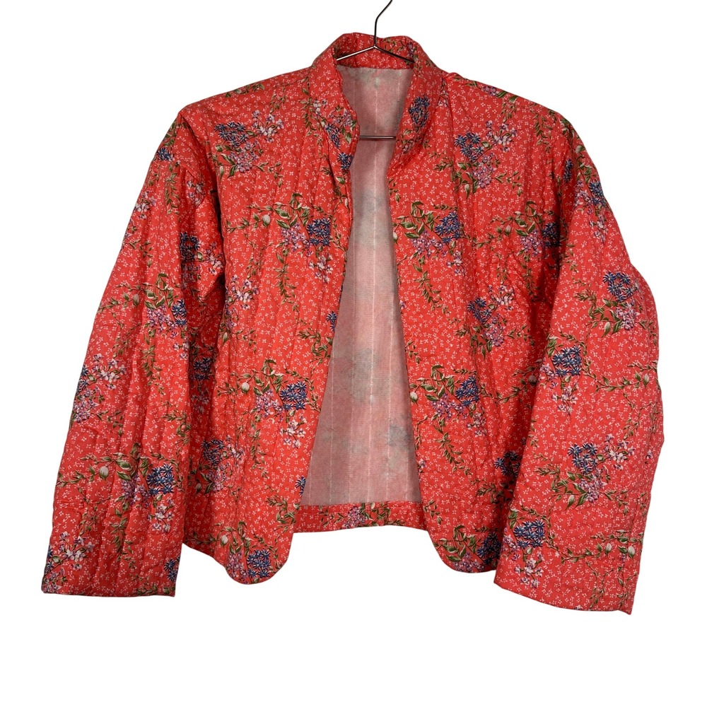 Vintage Prairie Quilted Cottagecore Open Front Jacket Coral Flower Print